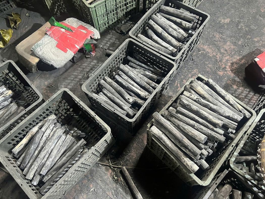 Multiple crates of sorted SOHI white charcoal in the warehouse