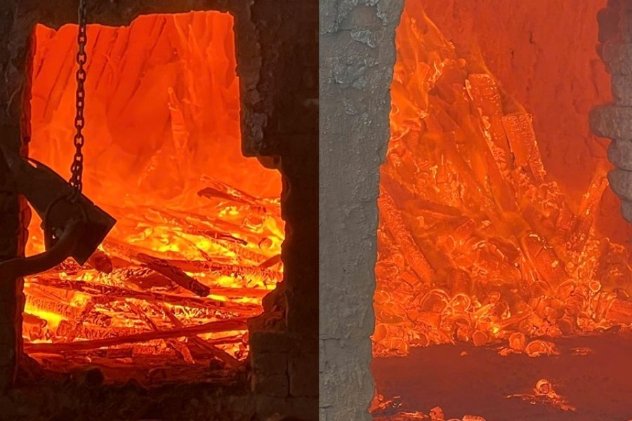 Kiln interior close-up during carbonization