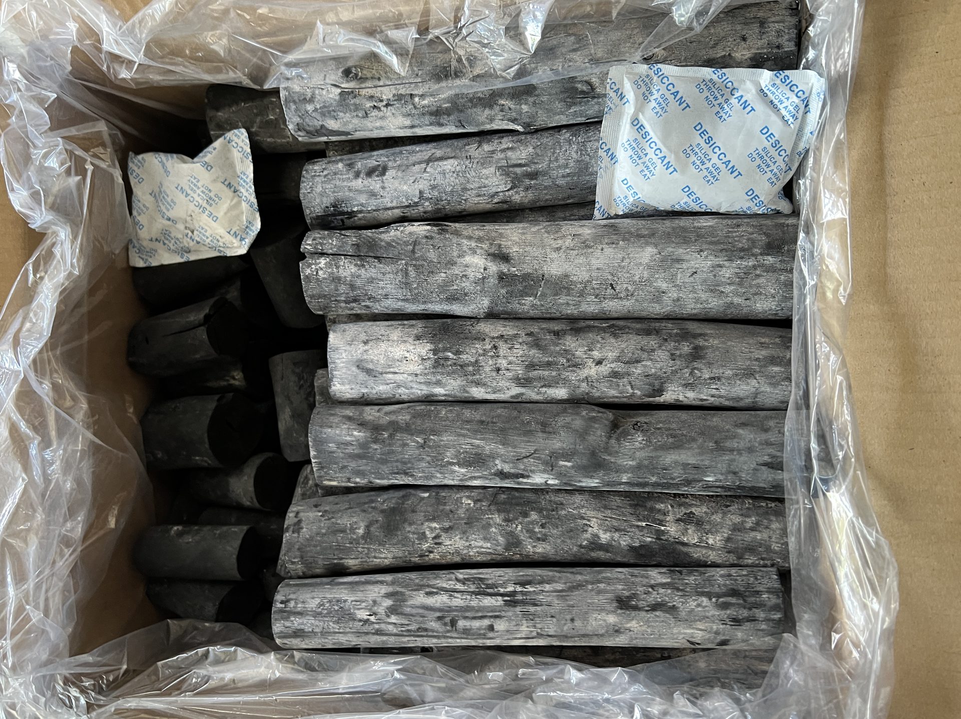 SOHI white charcoal export carton, sealed for shipment